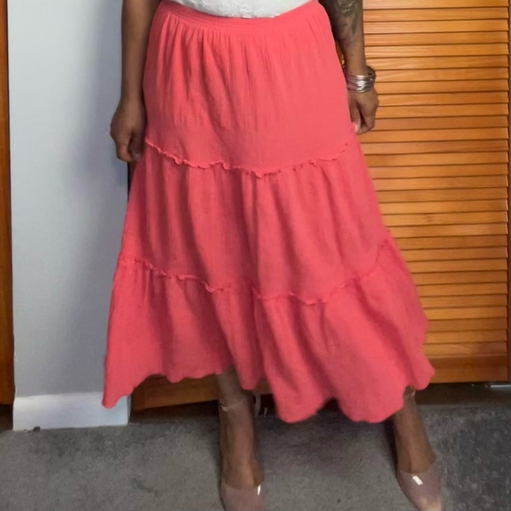 Twenty Vibrant Coral Pink Tiered Maxi Skirt